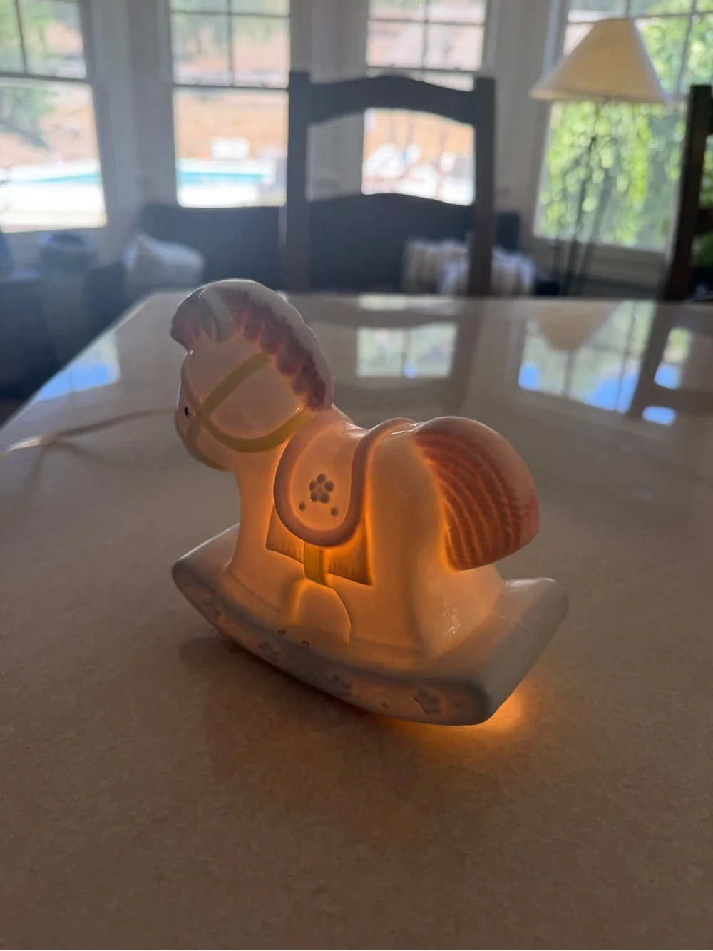 Enesco Ceramic Rocking Horse Night Light in White with Pink Accents